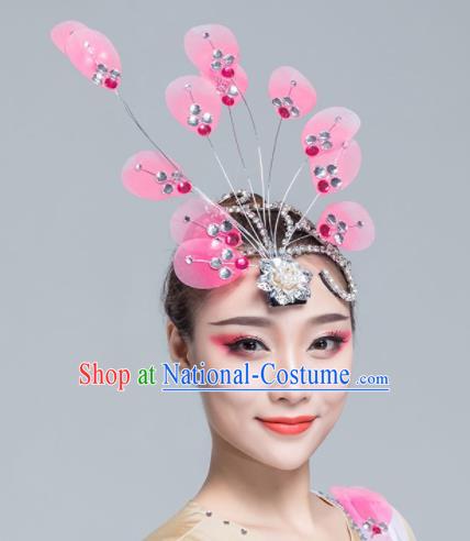 Traditional Chinese Yanko Dance Pink Silk Hair Claw Folk Dance Fan Dance Headwear for Women