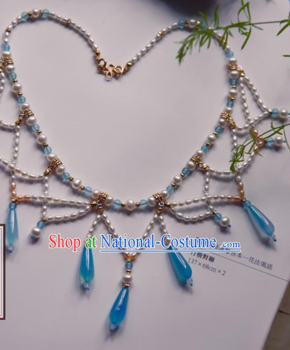 Chinese Ancient Princess Blue Beads Jewelry Accessories Hanfu Tassel Necklace for Women