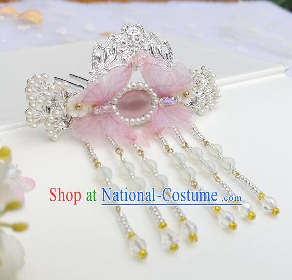 Chinese Ancient Princess Hair Accessories Traditional Hanfu Pink Silk Butterfly Hairpins for Women