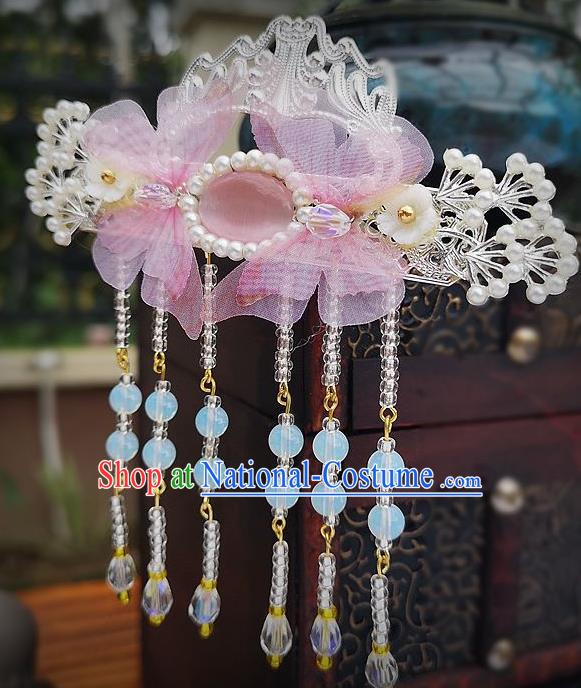 Chinese Ancient Princess Hair Accessories Traditional Hanfu Pink Silk Butterfly Hairpins for Women