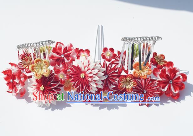 Japanese Geisha Kimono Hair Accessories Traditional Red Chrysanthemum Hairpins for Women