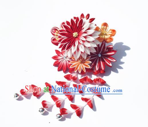 Japanese Geisha Kimono Hair Accessories Traditional Red Chrysanthemum Tassel Hair Claw Hairpins for Women