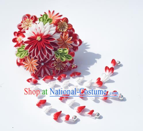 Japanese Geisha Kimono Red Chrysanthemum Tassel Hair Claw Hairpins Traditional Hair Accessories for Women