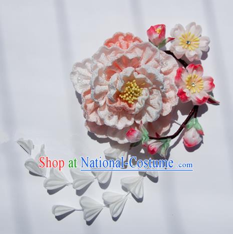 Japanese Geisha Kimono Pink Peony Tassel Hair Claw Hairpins Traditional Hair Accessories for Women