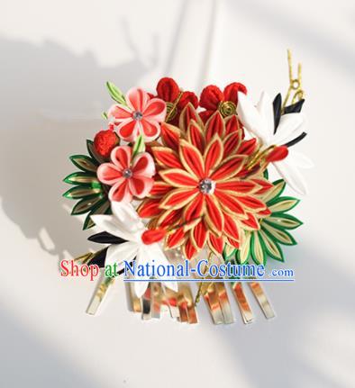 Japanese Geisha Kimono Red Chrysanthemum Crane Tassel Hairpins Traditional Hair Accessories for Women