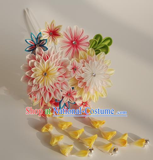 Japanese Geisha Kimono Pink Chrysanthemum Tassel Hairpins Traditional Hair Accessories for Women