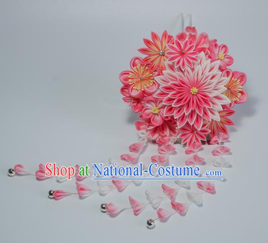 Japanese Geisha Kimono Pink Chrysanthemum Tassel Hairpins Traditional Yamato Hair Accessories for Women