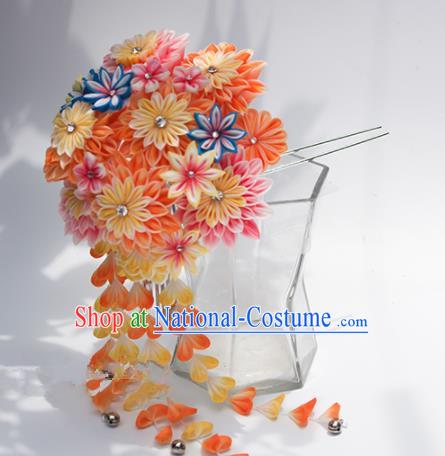 Japanese Geisha Kimono Orange Chrysanthemum Tassel Hairpins Traditional Yamato Hair Accessories for Women