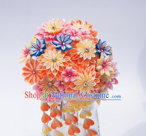 Japanese Geisha Kimono Orange Chrysanthemum Tassel Hairpins Traditional Yamato Hair Accessories for Women