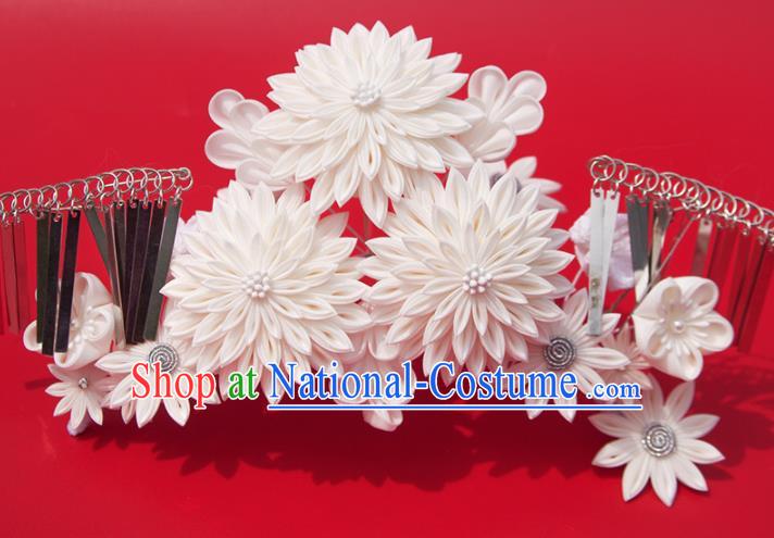 Japanese Geisha Kimono White Chrysanthemum Hair Crown Hairpins Traditional Yamato Hair Accessories for Women