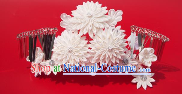 Japanese Geisha Kimono White Chrysanthemum Hair Crown Hairpins Traditional Yamato Hair Accessories for Women