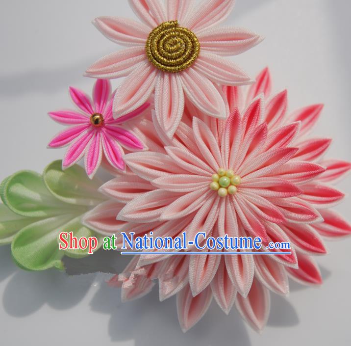 Japanese Geisha Kimono Pink Chrysanthemum Hair Claw Hairpins Traditional Yamato Hair Accessories for Women