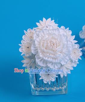 Japanese Geisha Kimono White Peony Hairpins Traditional Yamato Hair Accessories for Women