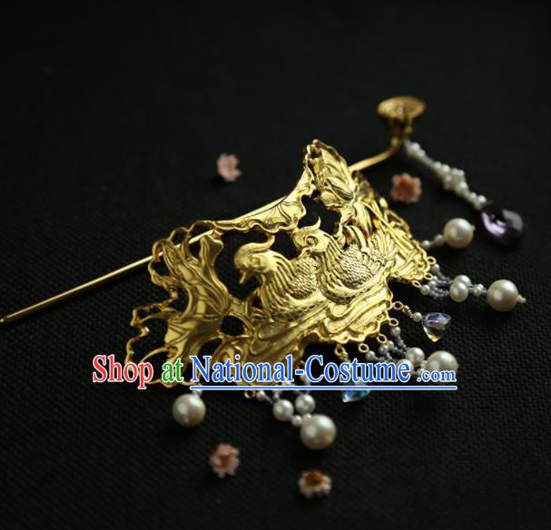 Chinese Ancient Princess Golden Mandarin Duck Tassel Hair Crown Hairpins Traditional Hanfu Hair Clip Hair Accessories for Women