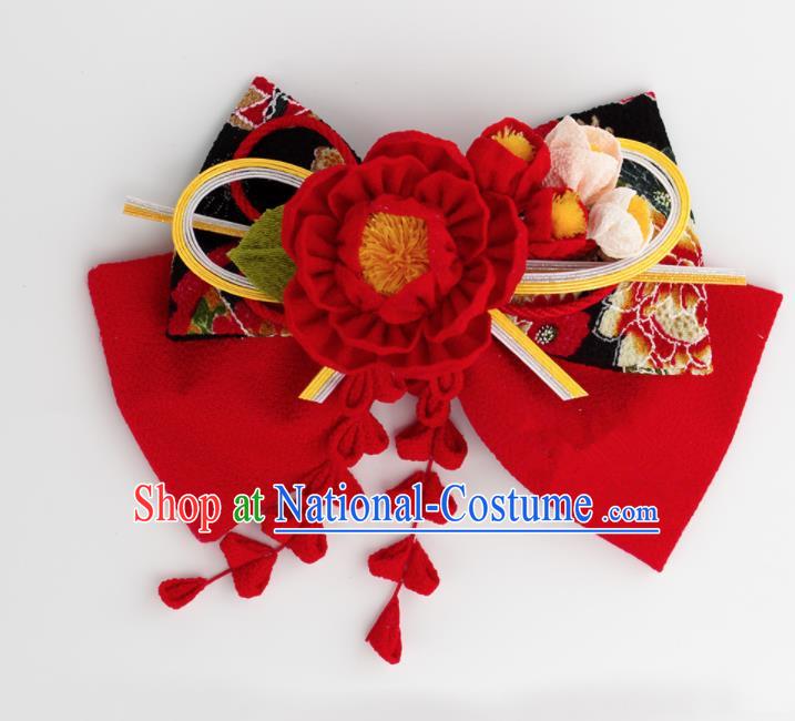 Japanese Geisha Kimono Red Camellia Bowknot Hair Claw Hairpins Traditional Yamato Hair Accessories for Women