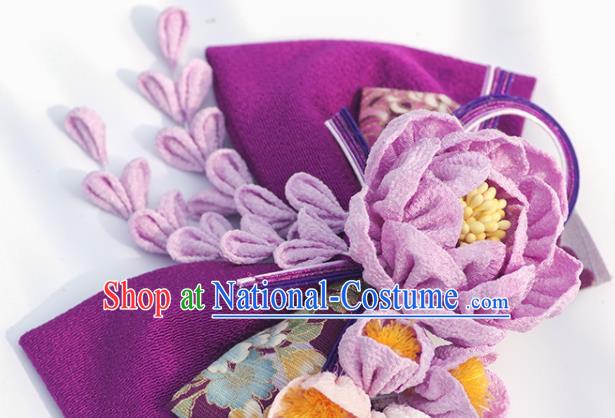 Japanese Geisha Kimono Purple Camellia Bowknot Hair Claw Hairpins Traditional Yamato Hair Accessories for Women