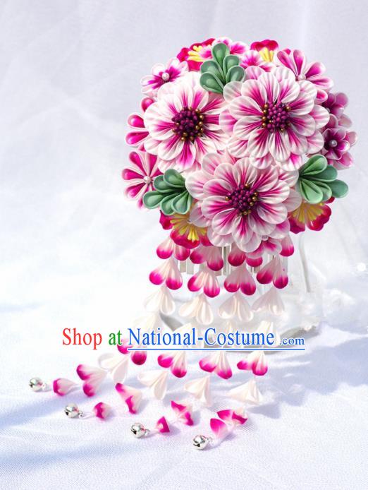 Japanese Geisha Kimono Pink Peony Ball Tassel Hairpins Traditional Yamato Hair Accessories for Women