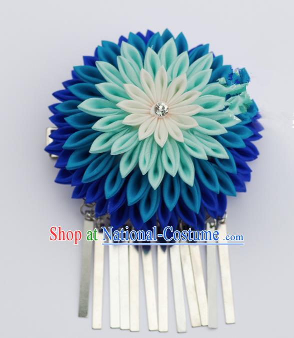 Japanese Geisha Kimono Blue Chrysanthemum Hair Claw Tassel Hairpins Traditional Yamato Hair Accessories for Women