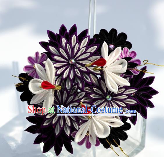 Japanese Geisha Kimono Purple Chrysanthemum Crane Hairpins Traditional Yamato Hair Accessories for Women