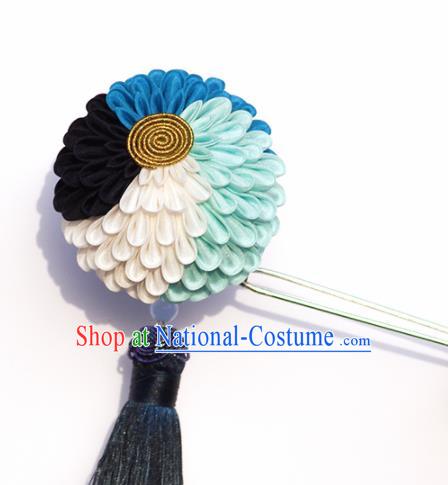 Japanese Geisha Kimono Blue Chrysanthemum Hairpins Traditional Yamato Hair Accessories for Women