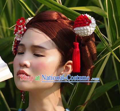 Japanese Geisha Kimono Red Hydrangea Tassel Hairpins Traditional Yamato Hair Accessories for Women