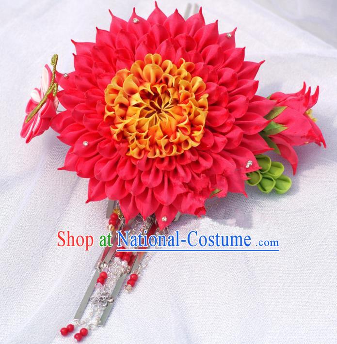 Japanese Geisha Kimono Red Sunflower Hairpins Traditional Yamato Hair Accessories for Women