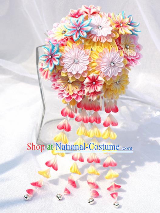 Japanese Geisha Kimono Yellow Chrysanthemum Tassel Hairpins Traditional Yamato Hair Accessories for Women