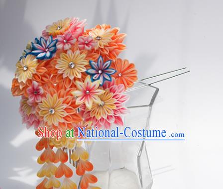 Japanese Geisha Kimono Orange Chrysanthemum Tassel Hairpins Traditional Yamato Hair Accessories for Women