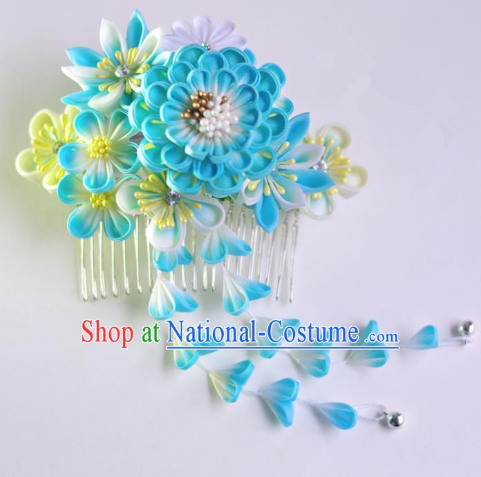 Japanese Geisha Kimono Blue Peony Tassel Hair Comb Hairpins Traditional Yamato Hair Accessories for Women