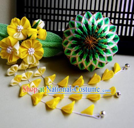 Japanese Geisha Kimono Yellow Sakura Tassel Hair Claw Hairpins Traditional Yamato Hair Accessories for Women