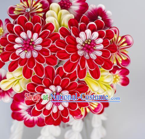 Japanese Geisha Kimono Red Peony Tassel Hairpins Traditional Yamato Hair Accessories for Women