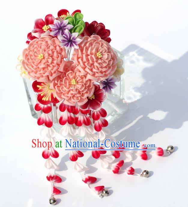 Japanese Geisha Kimono Pink Peony Tassel Hairpins Traditional Yamato Hair Accessories for Women