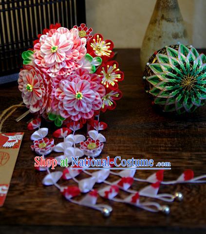 Japanese Geisha Kimono Pink Peony Sakura Tassel Hairpins Traditional Yamato Hair Accessories for Women