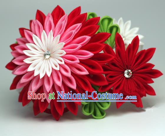 Japanese Geisha Kimono Red Chrysanthemum Hair Comb Hairpins Traditional Yamato Hair Accessories for Women