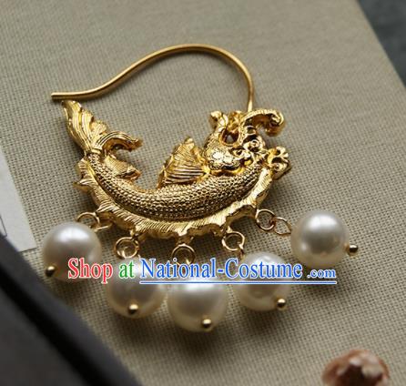 Chinese Ancient Court Golden Carp Earrings Traditional Princess Hanfu Jewelry Accessories for Women