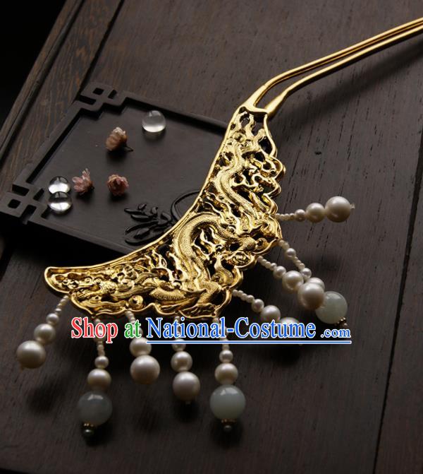 Chinese Ancient Queen Golden Dragon Tassel Hairpins Traditional Hanfu Hair Clip Hair Accessories for Women