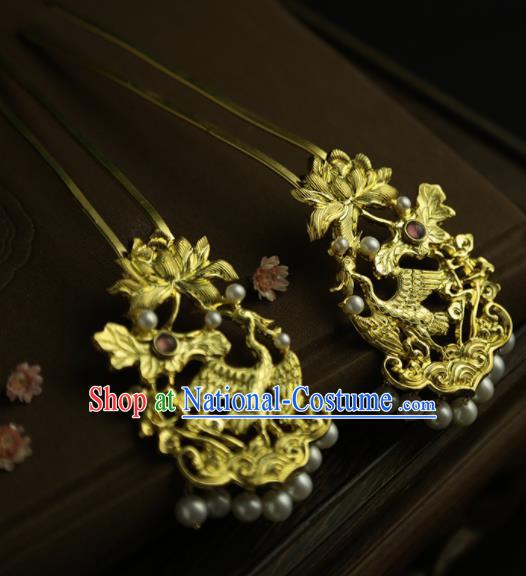 Chinese Ancient Queen Golden Lotus Crane Hairpins Traditional Hanfu Hair Clip Hair Accessories for Women