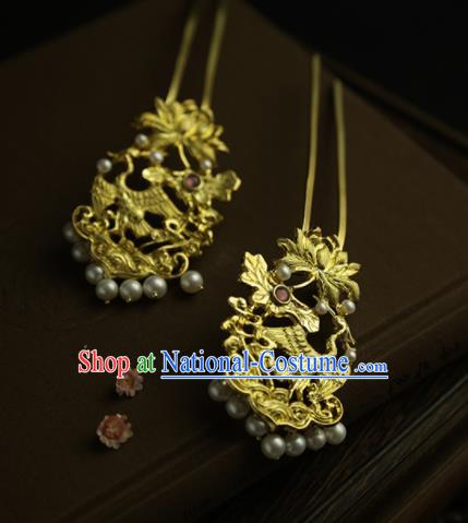 Chinese Ancient Queen Golden Lotus Crane Hairpins Traditional Hanfu Hair Clip Hair Accessories for Women