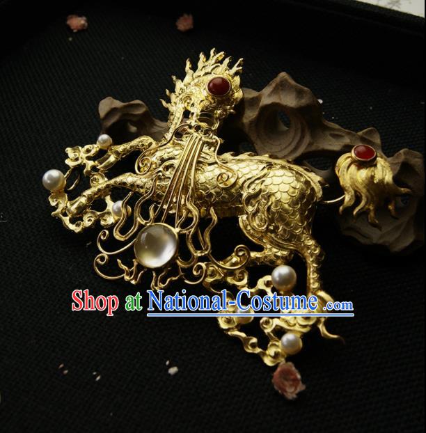 Chinese Ancient Ming Dynasty Golden Kylin Hairpins Hair Clip Traditional Hanfu Hair Accessories for Women