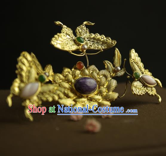 Chinese Ancient Queen Golden Butterfly Lotus Hairpins Traditional Hanfu Hair Clip Hair Accessories for Women