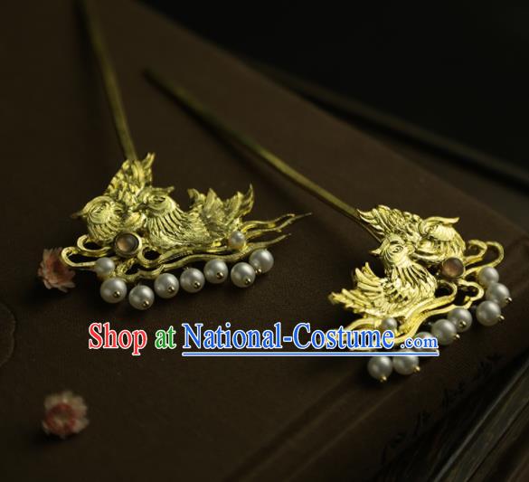 Chinese Ancient Queen Golden Mandarin Duck Hairpins Traditional Hanfu Hair Clip Hair Accessories for Women