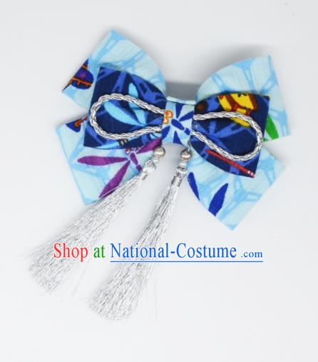 Japanese Geisha Oiran Kimono Light Blue Bowknot Tassel Hair Claw Hairpins Traditional Yamato Hair Accessories for Women