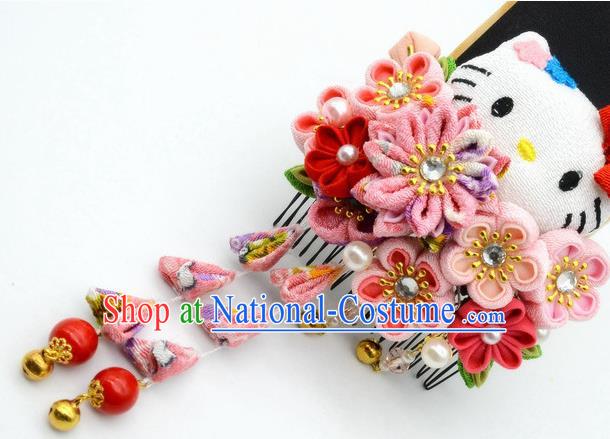 Japanese Geisha Oiran Kimono Pink Chrysanthemum Sakura Tassel Hair Comb Hairpins Traditional Yamato Hair Accessories for Women