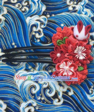 Japanese Geisha Courtesan Kimono Red Chrysanthemum Rabbit Hairpins Traditional Yamato Hair Accessories for Women