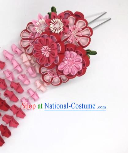 Japanese Geisha Courtesan Kimono Wine Red Sakura Tassel Hairpins Traditional Yamato Hair Accessories for Women