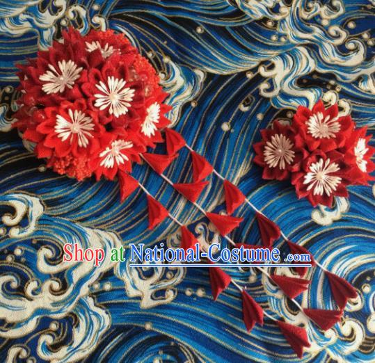 Japanese Geisha Courtesan Kimono Red Sakura Tassel Hair Claw Hairpins Traditional Yamato Hair Accessories for Women