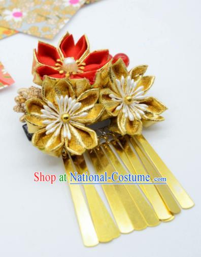 Japanese Geisha Courtesan Kimono Golden Sakura Tassel Hair Claw Hairpins Traditional Yamato Hair Accessories for Women