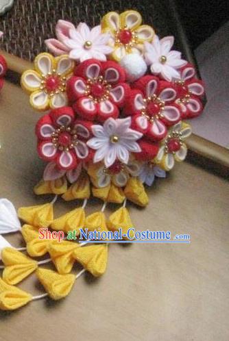 Japanese Geisha Courtesan Red Sakura Tassel Hairpins Traditional Yamato Kimono Hair Accessories for Women