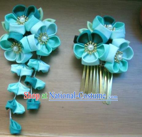 Japanese Geisha Courtesan Green Sakura Hair Stick Hairpins Traditional Yamato Kimono Hair Accessories for Women