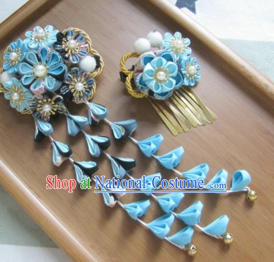 Japanese Geisha Courtesan Blue Sakura Hair Claw and Hairpins Traditional Yamato Kimono Hair Accessories for Women